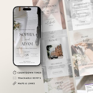 Elegante witte trouwuitnodiging met RSVP-tracker, afteltimer en links naar een live cadeaulijst en kaart. Bewerkbare, geanimeerde trouwuitnodiging.