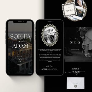 Luxe trouwwebsite-template met RSVP en elegante zwarte digitale uitnodiging. Volledig aanpasbare Canva-trouwwebsite. afbeelding 17