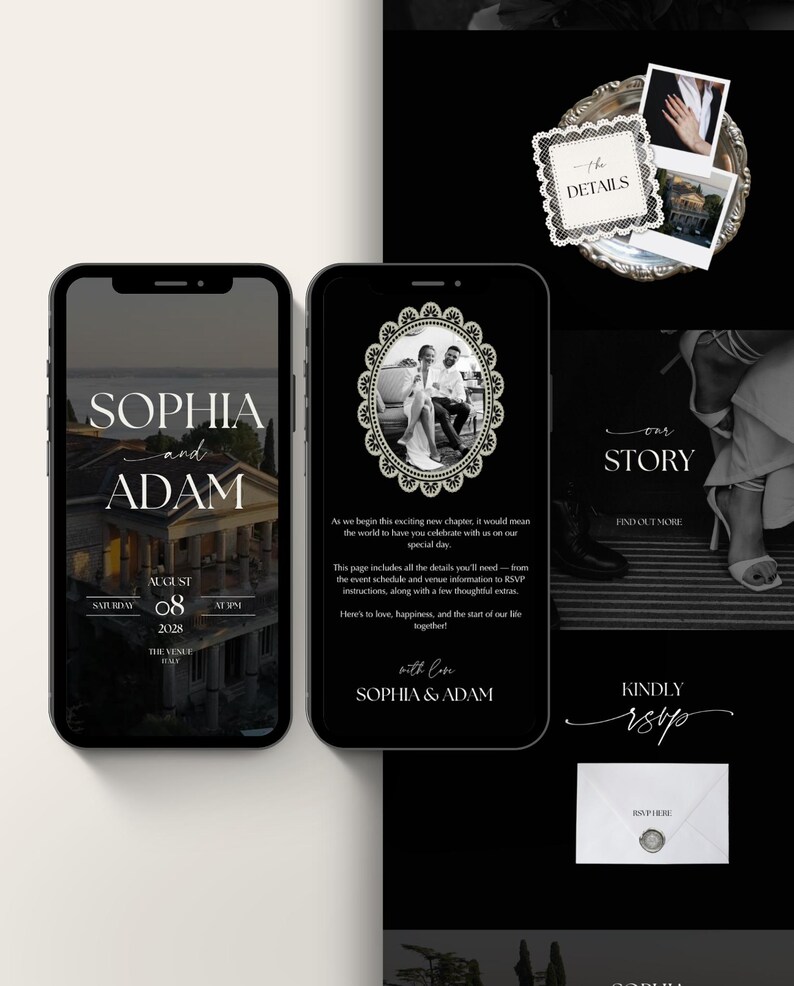 Luxe trouwwebsite-template met RSVP en elegante zwarte digitale uitnodiging. Volledig aanpasbare Canva-trouwwebsite. afbeelding 17