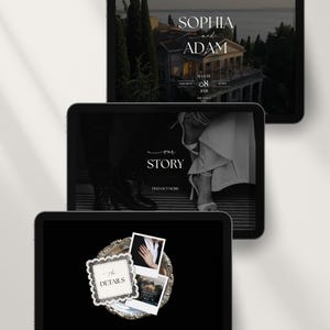 Luxe trouwwebsite-template met RSVP en elegante zwarte digitale uitnodiging. Volledig aanpasbare Canva-trouwwebsite. afbeelding 12