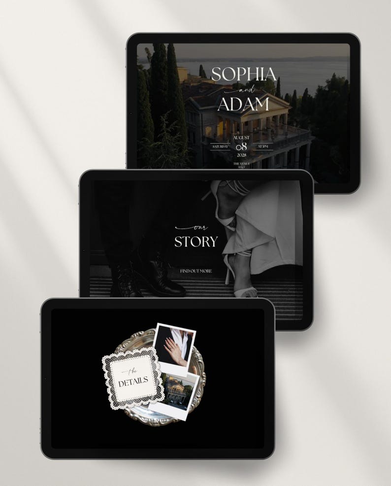 Luxe trouwwebsite-template met RSVP en elegante zwarte digitale uitnodiging. Volledig aanpasbare Canva-trouwwebsite. afbeelding 12