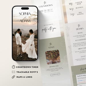Rustic Sage Green Wedding Invitation, featuring Romantic Floral Design. Trackable RSVPs, Countdown Timer and Links. Easy Edit Canva Template