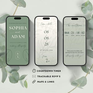 May include: Three smartphones displaying wedding invitations and a countdown. The first phone shows "Sophia and Adam" with event details. The second displays the date, 08 August, 2028, and time. The third shows a countdown timer.
