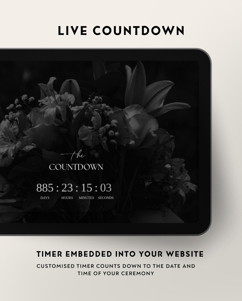Luxe trouwwebsite-template met RSVP en elegante zwarte digitale uitnodiging. Volledig aanpasbare Canva-trouwwebsite. afbeelding 8