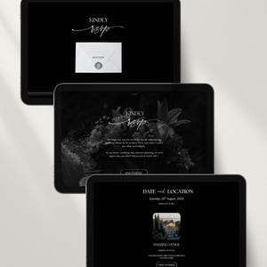 Luxe trouwwebsite-template met RSVP en elegante zwarte digitale uitnodiging. Volledig aanpasbare Canva-trouwwebsite. afbeelding 10