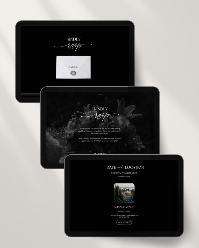 Luxe trouwwebsite-template met RSVP en elegante zwarte digitale uitnodiging. Volledig aanpasbare Canva-trouwwebsite. afbeelding 10