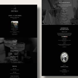 Luxe trouwwebsite-template met RSVP en elegante zwarte digitale uitnodiging. Volledig aanpasbare Canva-trouwwebsite. afbeelding 18