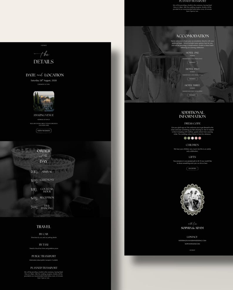Luxe trouwwebsite-template met RSVP en elegante zwarte digitale uitnodiging. Volledig aanpasbare Canva-trouwwebsite. afbeelding 18