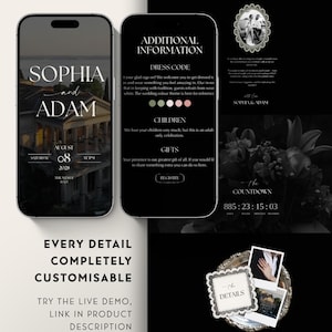 Luxe trouwwebsite-template met RSVP en elegante zwarte digitale uitnodiging. Volledig aanpasbare Canva-trouwwebsite. afbeelding 5