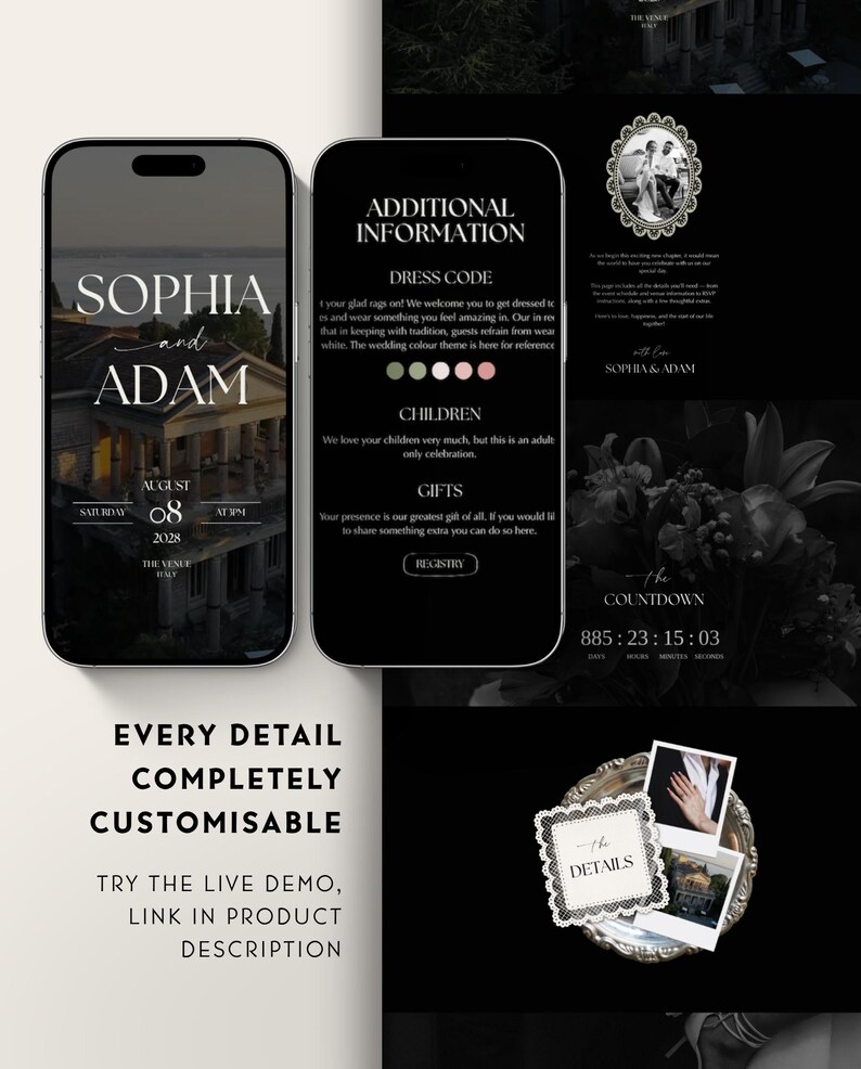 Luxe trouwwebsite-template met RSVP en elegante zwarte digitale uitnodiging. Volledig aanpasbare Canva-trouwwebsite. afbeelding 5