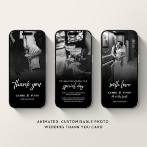 Op de afbeelding: Drie smartphones met trouwfoto's in zwart-wit. Elke telefoon toont een andere foto, met tekstoverlays zoals "dank u", "speciale dag" en "met liefde". De onderkant van de afbeelding luidt "GEANIMEERDE, AANPASBARE FOTO TROUW BEDANKKAART."