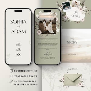 Op de afbeelding: Een sjabloon voor een trouwwebsite weergegeven op twee smartphones. Het ontwerp bevat de namen "SOPHIA en ADAM", huwelijksdetails en secties voor RSVP, verhaal en details. Het kleurenschema is zacht met bloemaccenten.