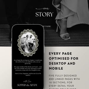 Luxe trouwwebsite-template met RSVP en elegante zwarte digitale uitnodiging. Volledig aanpasbare Canva-trouwwebsite. afbeelding 2