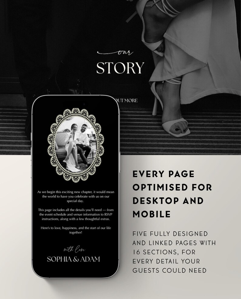 Luxe trouwwebsite-template met RSVP en elegante zwarte digitale uitnodiging. Volledig aanpasbare Canva-trouwwebsite. afbeelding 2