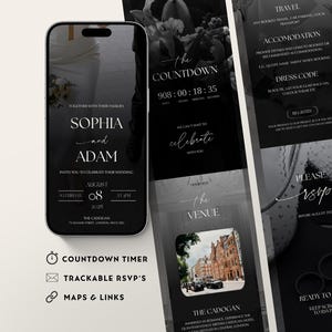 Wedding Invitation with RSVP Tracker, Elegant Black Design, including Countdown Timer and Live Links. Editable, Animated Wedding Invitation