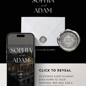 Luxe trouwwebsite-template met RSVP en elegante zwarte digitale uitnodiging. Volledig aanpasbare Canva-trouwwebsite. afbeelding 7