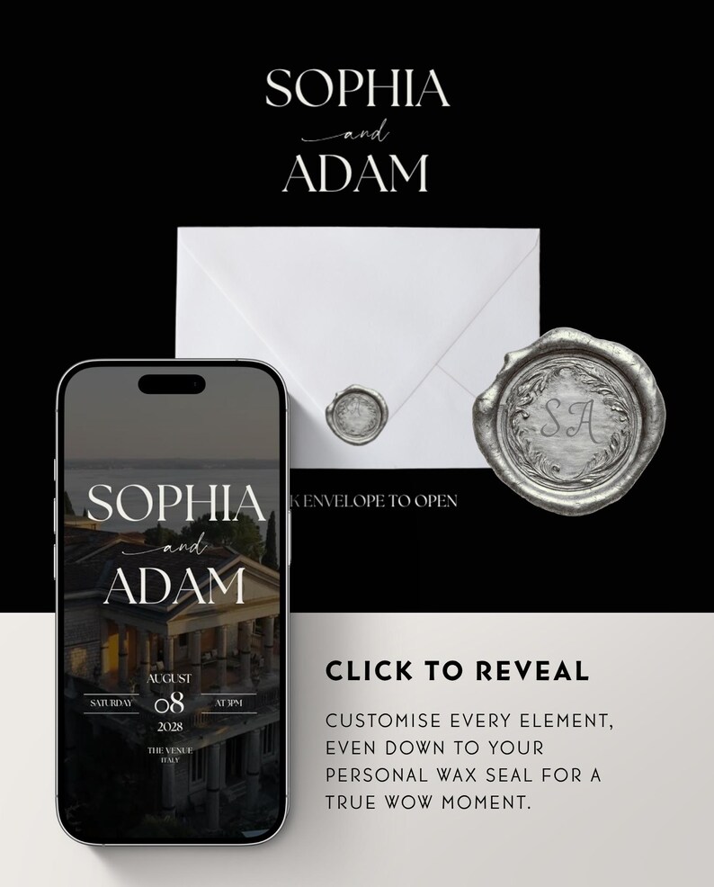 Luxe trouwwebsite-template met RSVP en elegante zwarte digitale uitnodiging. Volledig aanpasbare Canva-trouwwebsite. afbeelding 7
