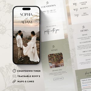 Rustic Sage Green Wedding Invitation, featuring Romantic Floral Design. Trackable RSVPs, Countdown Timer and Links. Easy Edit Canva Template