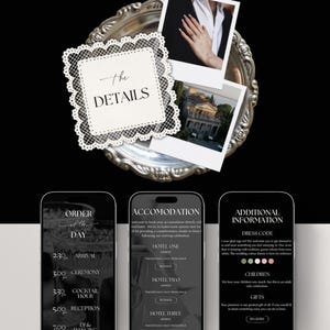 Luxe trouwwebsite-template met RSVP en elegante zwarte digitale uitnodiging. Volledig aanpasbare Canva-trouwwebsite. afbeelding 3