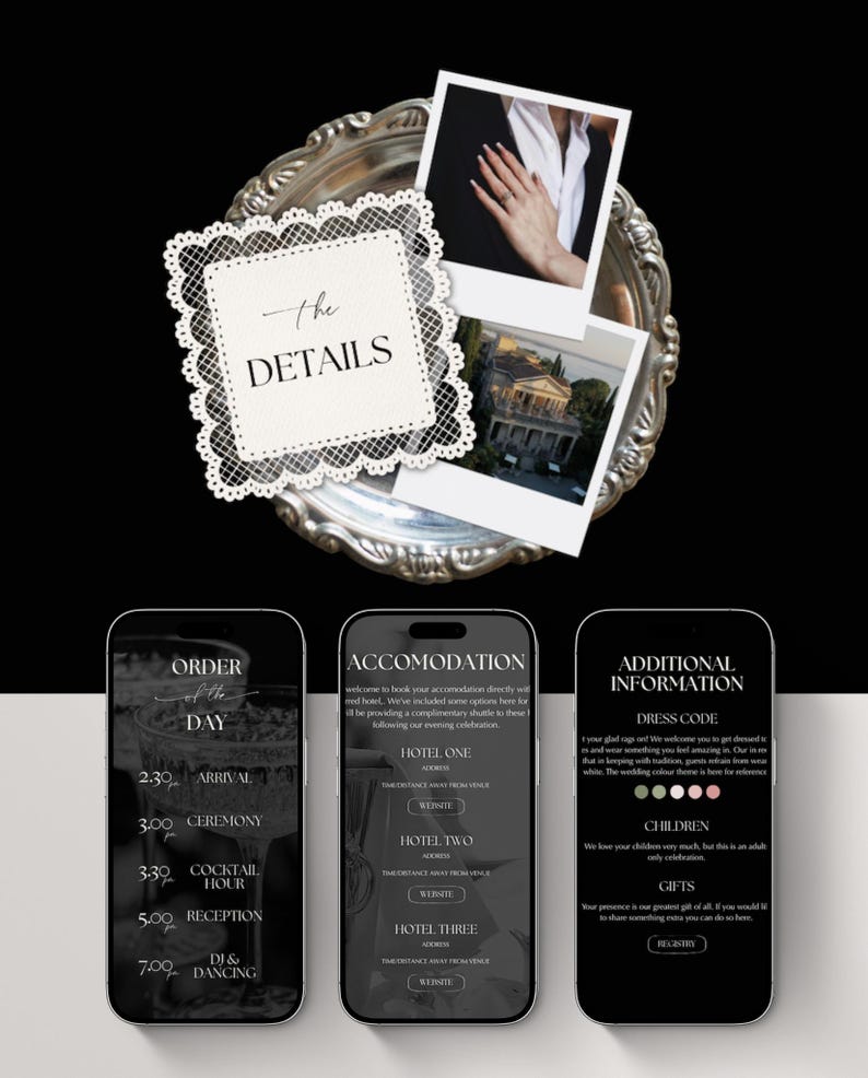 Luxe trouwwebsite-template met RSVP en elegante zwarte digitale uitnodiging. Volledig aanpasbare Canva-trouwwebsite. afbeelding 3