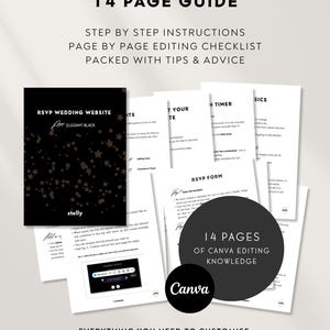 Luxe trouwwebsite-template met RSVP en elegante zwarte digitale uitnodiging. Volledig aanpasbare Canva-trouwwebsite. afbeelding 15