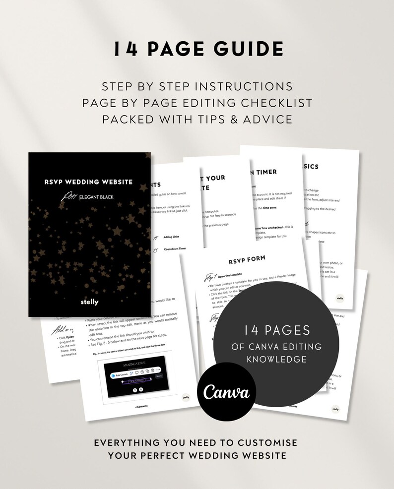 Luxe trouwwebsite-template met RSVP en elegante zwarte digitale uitnodiging. Volledig aanpasbare Canva-trouwwebsite. afbeelding 15