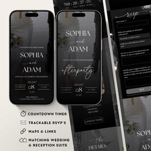 Ensemble d'invitations de mariage et de réception avec suivi des réponses, design noir élégant, incluant des comptes à rebours et des liens cliquables.