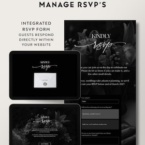 Luxe trouwwebsite-template met RSVP en elegante zwarte digitale uitnodiging. Volledig aanpasbare Canva-trouwwebsite. afbeelding 13