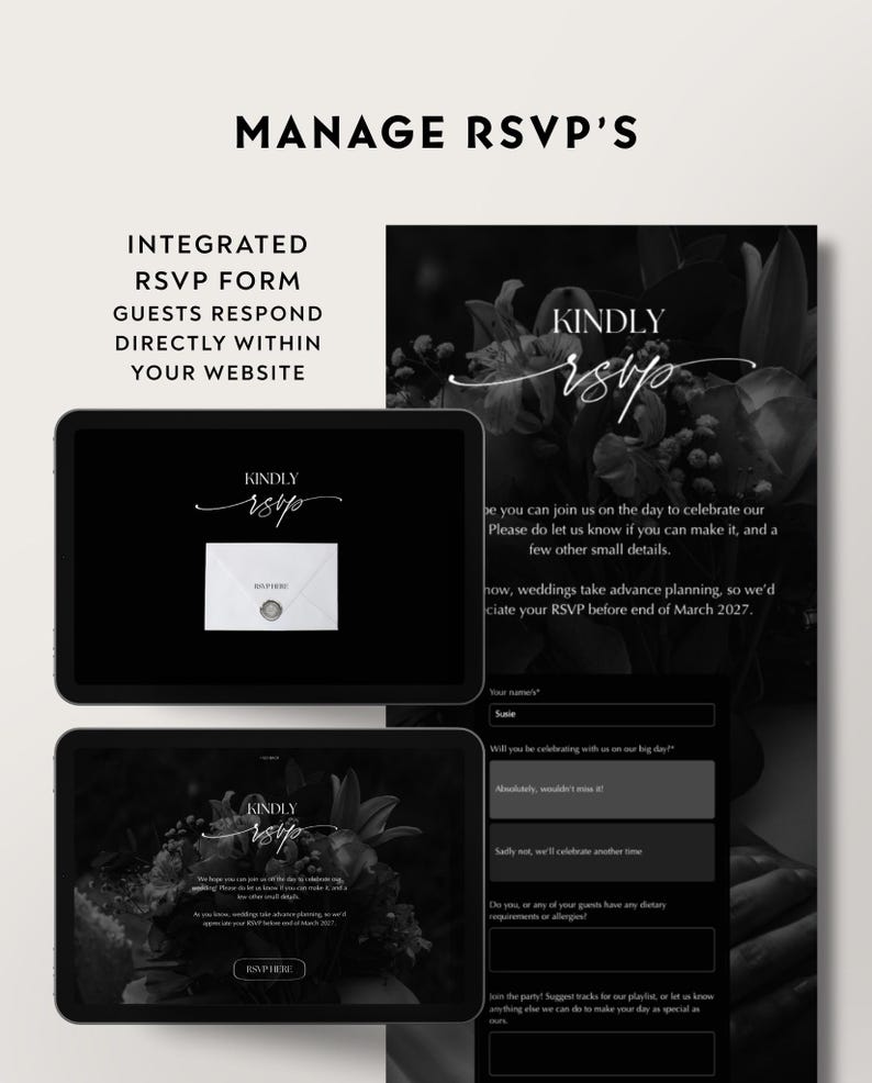 Luxe trouwwebsite-template met RSVP en elegante zwarte digitale uitnodiging. Volledig aanpasbare Canva-trouwwebsite. afbeelding 13