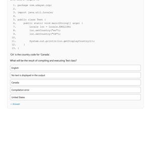 Puede incluir: Un documento t&eacute;cnico titulado JDBC, Localization & Best Practices que presenta una pregunta de opci&oacute;n m&uacute;ltiple sobre c&oacute;digo Java. El texto incluye un fragmento de c&oacute;digo para Test.java y cinco opciones de respuesta sobre el resultado.