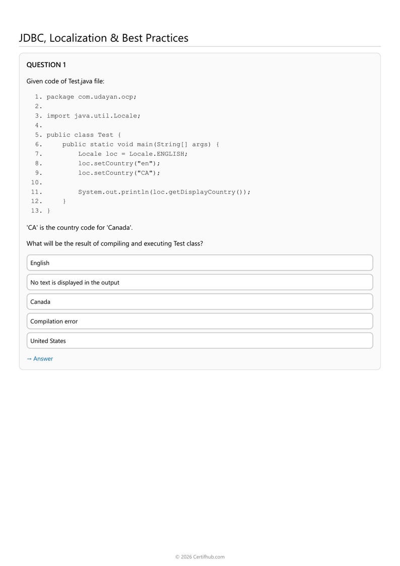 Puede incluir: Un documento t&eacute;cnico titulado JDBC, Localization & Best Practices que presenta una pregunta de opci&oacute;n m&uacute;ltiple sobre c&oacute;digo Java. El texto incluye un fragmento de c&oacute;digo para Test.java y cinco opciones de respuesta sobre el resultado.