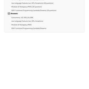 Puede incluir: Una p&aacute;gina de documento blanca titulada TABLE OF CONTENTS con una l&iacute;nea horizontal roja. Enumera secciones de preguntas y respuestas para Concurrency, I/O, NIO.2, JDBC, Java Language Features, Modules, Packaging, OOP y Functional Programming.