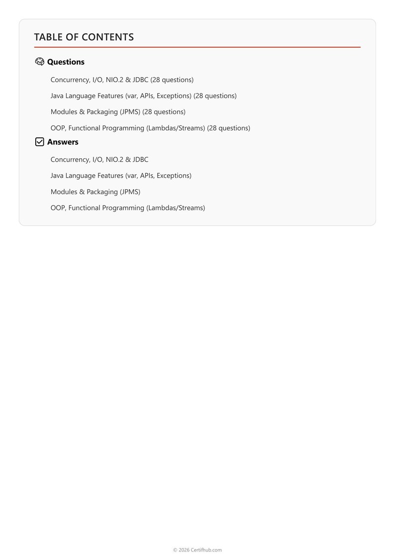 Puede incluir: Una p&aacute;gina de documento blanca titulada TABLE OF CONTENTS con una l&iacute;nea horizontal roja. Enumera secciones de preguntas y respuestas para Concurrency, I/O, NIO.2, JDBC, Java Language Features, Modules, Packaging, OOP y Functional Programming.