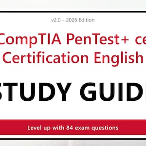 Pode incluir: Uma capa de guia de estudo retangular com fundo branco e borda preta. O texto diz v2.0 – 2026 Edition, CompTIA PenTest+ ce Certification English, STUDY GUIDE e Level up with 84 exam questions em uma barra retangular vermelha.