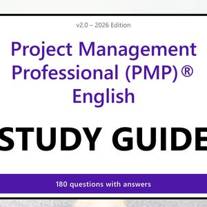 Può includere: Una copertina di guida allo studio bianca con bordo nero che riporta il testo v2.0 - 2026 Edition, Project Management Professional (PMP) English, STUDY GUIDE, e un banner viola in basso con 180 questions with answers.