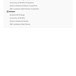 Puede incluir: Un documento blanco titulado TABLE OF CONTENTS que enumera secciones para Questions y Answers, incluyendo Advanced OOP & Design, Concurrency, I/O & NIO.2, Generics, Collections & Streams, y JDBC, Localization & Best Practices con 2026 Certilhub.com en la parte inferior.