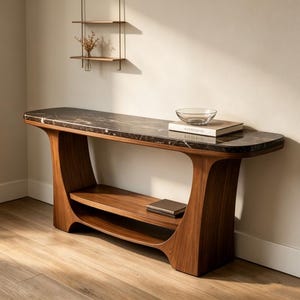 Brown Marble Console Table with Sculptural Walnut Base, Luxury Entryway Table, Stone Hallway Table, Modern Sofa Side Table for Home