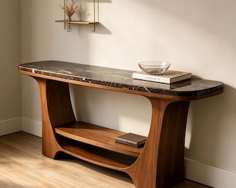 Brązowy stolik konsolowy z marmuru z rzeźbioną podstawą z orzecha włoskiego, luksusowy stolik do przedpokoju, kamienny stolik do przedpokoju, nowoczesny stolik boczny do sofy do domu