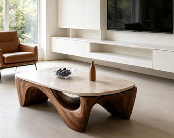 Mesa de centro de mármol travertino con base de madera curvada. Mesa de centro de piedra Japandi. Mesa de centro moderna y minimalista para sala de estar.