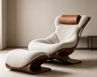 Sillón de nogal con otomana, sillón reclinable moderno, sillón curvo de madera de mediados de siglo, sillón tapizado para lectura.