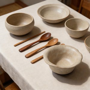 Puede incluir: Un conjunto de cuencos de cerámica beige y cucharas de madera dispuestas sobre un mantel de color neutro. Los cuencos varían en tamaño y forma, con un cuenco redondeado y otro poco profundo. Las cucharas son de madera clara y oscura.