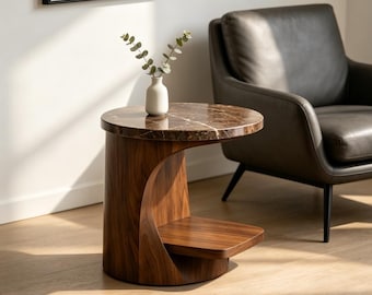 Mesita auxiliar de mármol Emperador Brown, mesa de centro pequeña, base curva de nogal, mesa de centro redonda de piedra, mesa auxiliar moderna para sofá.