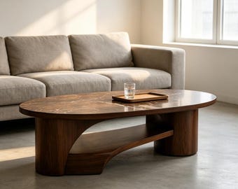 Italian Style Brown Marble Coffee Table Sculptural Walnut Base Oval Stone Center Table Modern Luxury Tea Table for Living Room