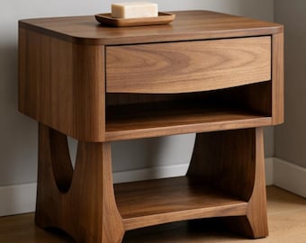 Nachttisch aus Nussbaum Massiv mit Schublade und Schublade Mid Century Nachttisch Holz Beistelltisch Nachttisch für Schlafzimmer