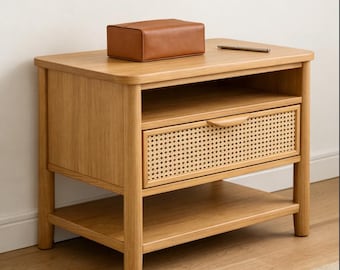 Oak Wood Nightstand with Rattan Drawer Modern Bedside Table with Open Shelf Small Side Table for Sofa Side Wood End Table Home