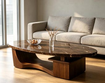Mesa de centro ovalada de mármol blanco de mediados de siglo con base curva de nogal, mesa de té de piedra, mesa de centro minimalista moderna para sala de estar.