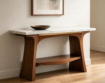 White Marble Console Table with Gold Detail Sculptural Walnut Base Luxury Entryway Table Modern Hallway Table Sofa Side Table
