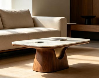 Square White Marble Coffee Table with Sculptural U-Base Modern Stone Center Table Luxury Walnut Coffee Table for Living Room Home