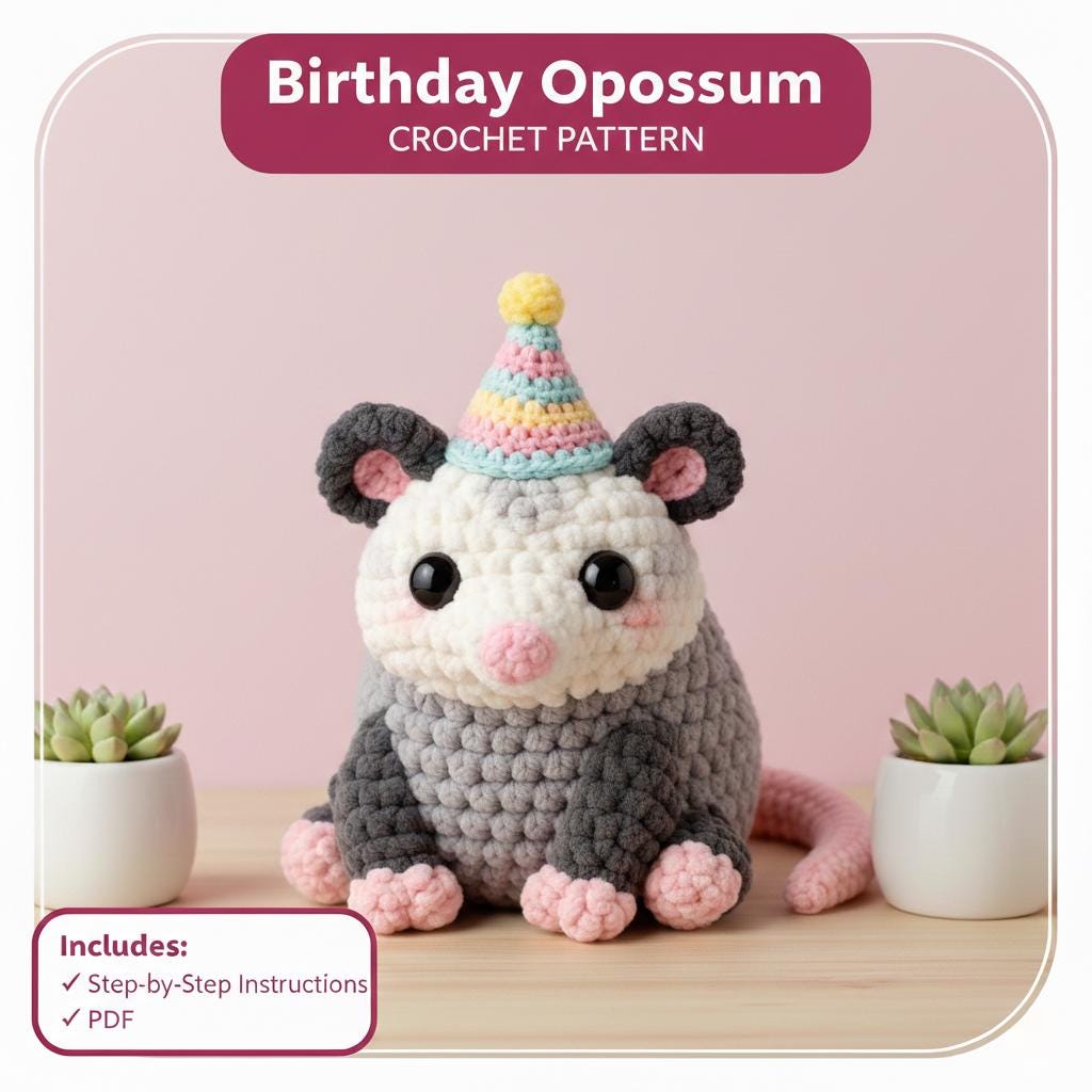 30 Opossum Crochet Patterns for Cute, Quirky Amigurumi Projects 23 Birthday Opossum Crochet Pattern