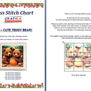 May include: Cross stitch chart titled "6948 - CUTE TEDDY BEARS" by Grafiko. The image features a framed cross-stitch design of two brown teddy bears with a honey pot. The chart includes size details in inches and centimeters.
